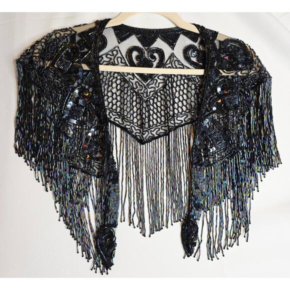 Unknown Accessories - Black Vintage Sm? Iridescent Sequin Beaded Shawl Cape Shrug Glam Witchy Gothic